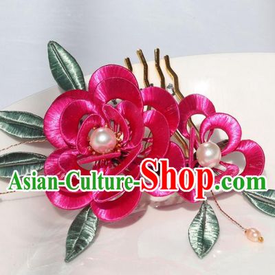Chinese Ancient Palace Lady Pearls Hairpin Traditional Ming Dynasty Princess Rosy Peony Hair Comb