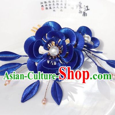 Chinese Ancient Princess Royalblue Silk Peony Hairpin Traditional Ming Dynasty Court Woman Hair Comb