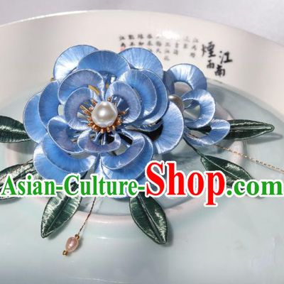 Chinese Ancient Palace Princess Pearls Hairpin Traditional Ming Dynasty Court Woman Blue Peony Hair Comb