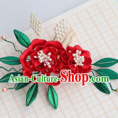 Chinese Handmade Red Silk Peony Hair Comb Ancient Song Dynasty Court Woman Pearls Hairpin