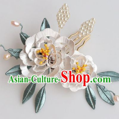 Chinese Ancient Song Dynasty Court Woman Pearls Hairpin Handmade White Silk Peony Hair Comb