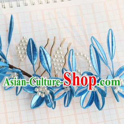 Chinese Handmade Blue Silk Lily Flowers Hair Comb Ancient Ming Dynasty Empress Hair Accessories