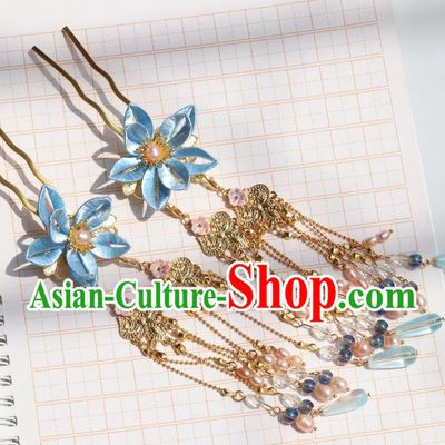 Chinese Handmade Ming Dynasty Princess Tassel Hair Stick Ancient Royal Infanta Blue Peach Blossom Hairpin