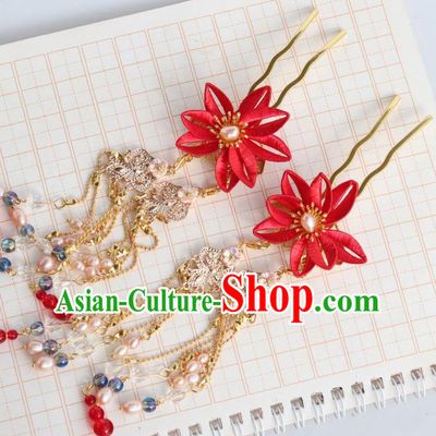 Chinese Handmade Red Silk Flowers Hair Stick Ancient Royal Princess Pearls Tassel Hairpin