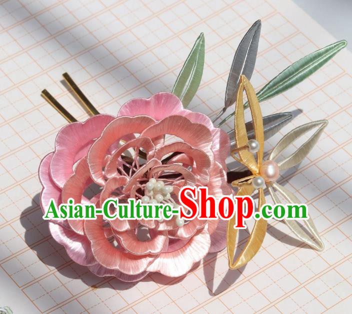 Chinese Ancient Princess Hair Accessories Traditional Hanfu Pink Silk Peony Butterfly Hairpin Chinese Ancient Princess Hair Accessories Traditional Hanfu Pink Silk Peony Butterfly Hairpin