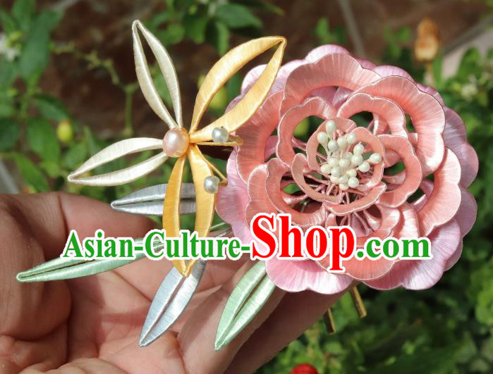 Chinese Ancient Princess Hair Accessories Traditional Hanfu Pink Silk Peony Butterfly Hairpin Chinese Ancient Princess Hair Accessories Traditional Hanfu Pink Silk Peony Butterfly Hairpin