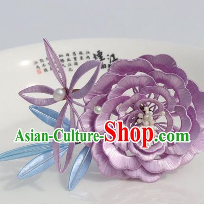 Chinese Traditional Hanfu Lilac Silk Peony Butterfly Hairpin Ancient Princess Hair Accessories