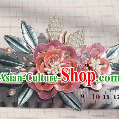 Chinese Traditional Ming Dynasty Pink Silk Peony Hairpin Ancient Princess Pearls Hair Comb
