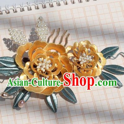 Chinese Ancient Palace Lady Pearls Hair Comb Traditional Ming Dynasty Yellow Silk Peony Hairpin