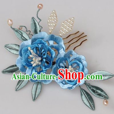 Chinese Handmade Flowers Hair Comb Ancient Ming Dynasty Court Princess Blue Silk Peony Hairpin