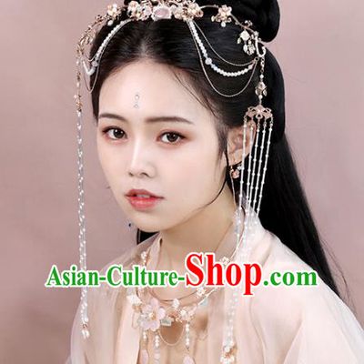 Chinese Ancient Noble Lady Golden Hairpin Traditional Ming Dynasty Princess Pearls Tassel Hair Crown