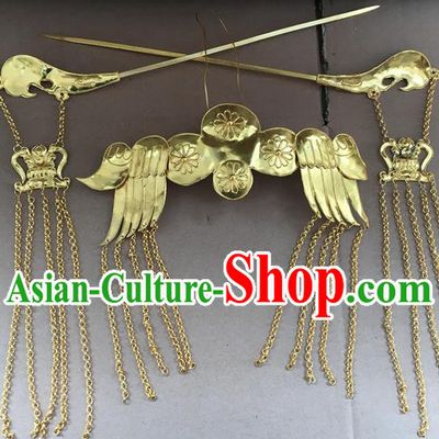 Chinese Ancient Bride Wedding Hairpins Traditional Ming Dynasty Empress Golden Tassel Hair Crown