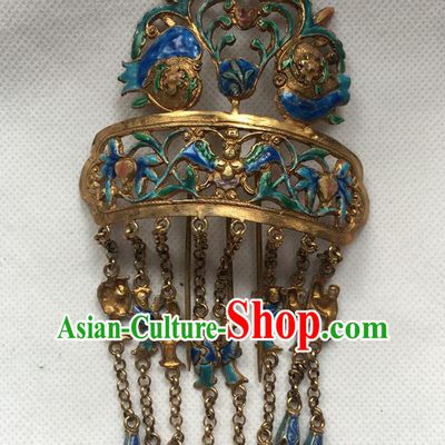 Chinese Ancient Imperial Concubine Hairpin Headwear Traditional Qing Dynasty Blueing Tassel Hair Comb