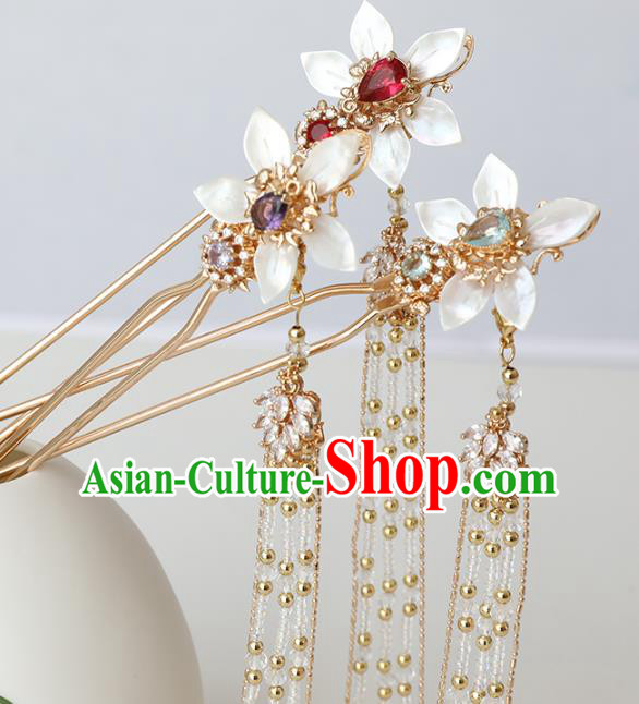 Chinese Ancient Princess Shell Flower Hairpin Traditional Ming Dynasty Golden Beads Tassel Hair Stick Chinese Ancient Princess Shell Flower Hairpin Traditional Ming Dynasty Golden Beads Tassel Hair Stick