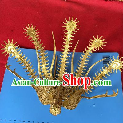 Chinese Ancient Court Woman Hairpin Traditional Ming Dynasty Empress Golden Phoenix Hair Crown Headwear