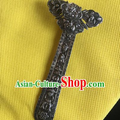 Chinese Ancient Imperial Concubine Hairpin Headwear Traditional Qing Dynasty Silver Carving Hair Stick