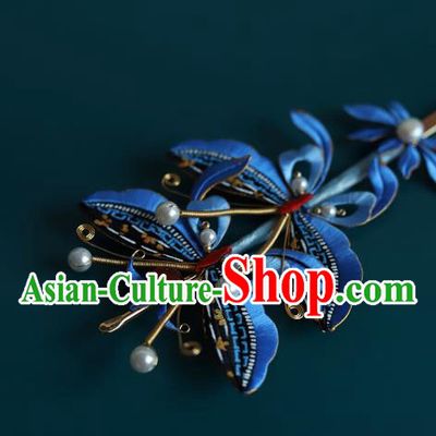 Chinese Traditional Qing Dynasty Court Hairpin Hair Accessories Ancient Imperial Concubine Blue Silk Butterfly Hair Stick