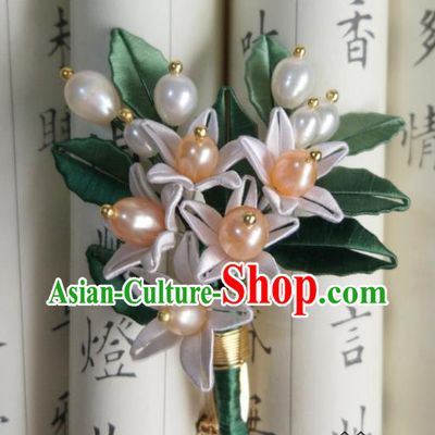 Chinese Traditional Silk Flowers Hairpin Song Dynasty Hair Accessories Ancient Princess Pearls Hair Stick
