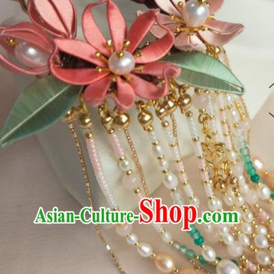 Chinese Traditional Pink Silk Epiphyllum Hairpin Song Dynasty Hair Accessories Ancient Princess Pearls Tassel Hair Clip