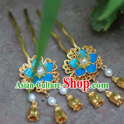 Chinese Ancient Ming Dynasty Hair Accessories Traditional Blueing Plum Blossom Hairpin