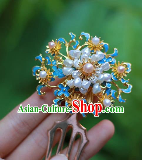 Chinese Ancient Empress Blueing Hairpin Traditional Ming Dynasty Hanfu Pearls Hair Comb Chinese Ancient Empress Blueing Hairpin Traditional Ming Dynasty Hanfu Pearls Hair Comb