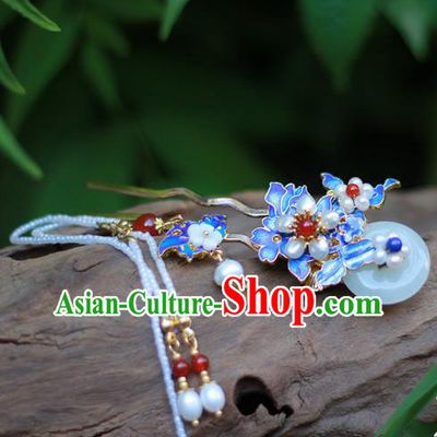 Chinese Ancient Queen Jade Hairpin Traditional Ming Dynasty Hanfu Pearls Plum Tassel Hair Stick