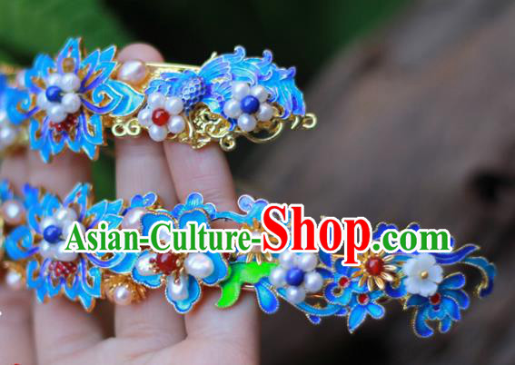Chinese Ancient Empress Pearls Hair Crown Traditional Ming Dynasty Hanfu Blueing Lotus Hairpin Chinese Ancient Empress Pearls Hair Crown Traditional Ming Dynasty Hanfu Blueing Lotus Hairpin