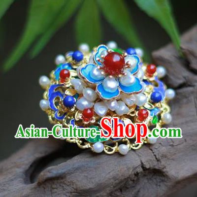 Chinese Traditional Ming Dynasty Hanfu Blueing Plum Hair Crown Ancient Empress Pearls Hairpin
