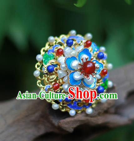 Chinese Traditional Ming Dynasty Hanfu Blueing Plum Hair Crown Ancient Empress Pearls Hairpin Chinese Traditional Ming Dynasty Hanfu Blueing Plum Hair Crown Ancient Empress Pearls Hairpin