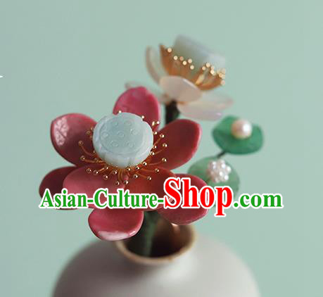 Chinese Traditional Hanfu Jadeite Hairpin Hair Accessories Ancient Princess Red Lotus Hair Stick Chinese Traditional Hanfu Jadeite Hairpin Hair Accessories Ancient Princess Red Lotus Hair Stick