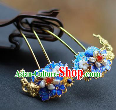 Chinese Ancient Empress Blueing Hairpins Traditional Ming Dynasty Pearls Hair Sticks Chinese Ancient Empress Blueing Hairpins Traditional Ming Dynasty Pearls Hair Sticks