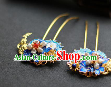Chinese Ancient Empress Blueing Hairpins Traditional Ming Dynasty Pearls Hair Sticks Chinese Ancient Empress Blueing Hairpins Traditional Ming Dynasty Pearls Hair Sticks