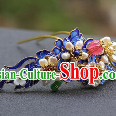Chinese Ancient Court Woman Pearls Hairpin Traditional Ming Dynasty Blueing Hair Crown