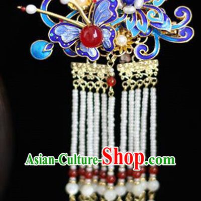 Chinese Ancient Court Woman Pearls Tassel Hairpin Traditional Ming Dynasty Queen Blueing Butterfly Hair Stick