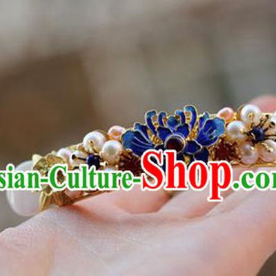 Chinese Ancient Palace Lady Pearls Hairpin Traditional Ming Dynasty Cloisonne Chrysanthemum Hair Stick