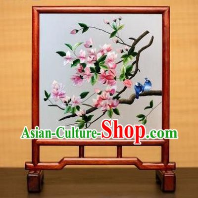 China Handmade Rosewood Table Ornament Embroidered Peach Blossom Desk Screen