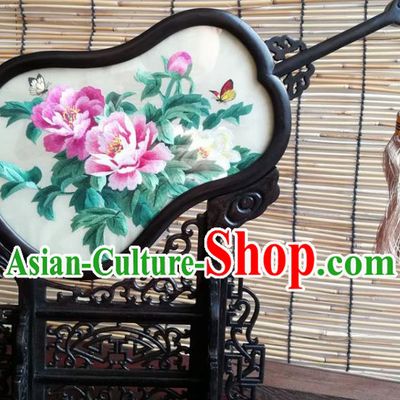 China Handmade Blackwood Gourd Decoration Traditional Double Side Embroidered Peony Desk Screen