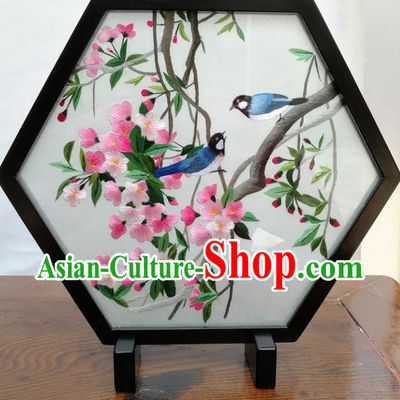 China Embroidery Hexagon Table Screen Traditional Suzhou Embroidered Begonia Craft Handmade Blackwood Desk Decoration