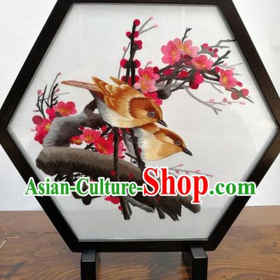 China Traditional Suzhou Embroidered Plum Birds Craft Handmade Blackwood Desk Decoration Embroidery Hexagon Table Screen