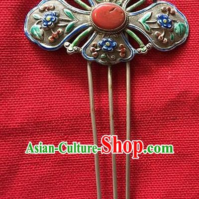 Chinese Traditional Qing Dynasty Enamel Silver Hairpin Ancient Imperial Consort Coral Peony Hair Comb