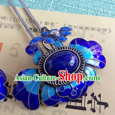 Chinese Ancient Queen Lapis Hair Stick Traditional Qing Dynasty Enamel Peony Hairpin