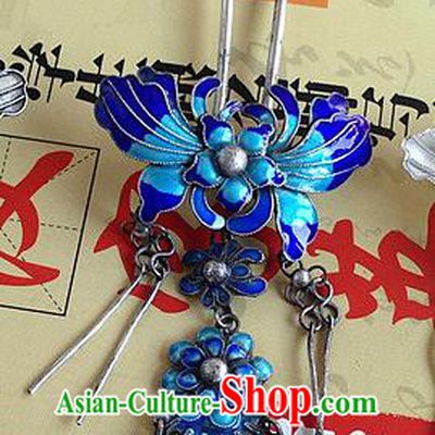 Chinese Ancient Royal Princess Cloisonne Hair Stick Traditional Qing Dynasty Palace Silver Tassel Hairpin