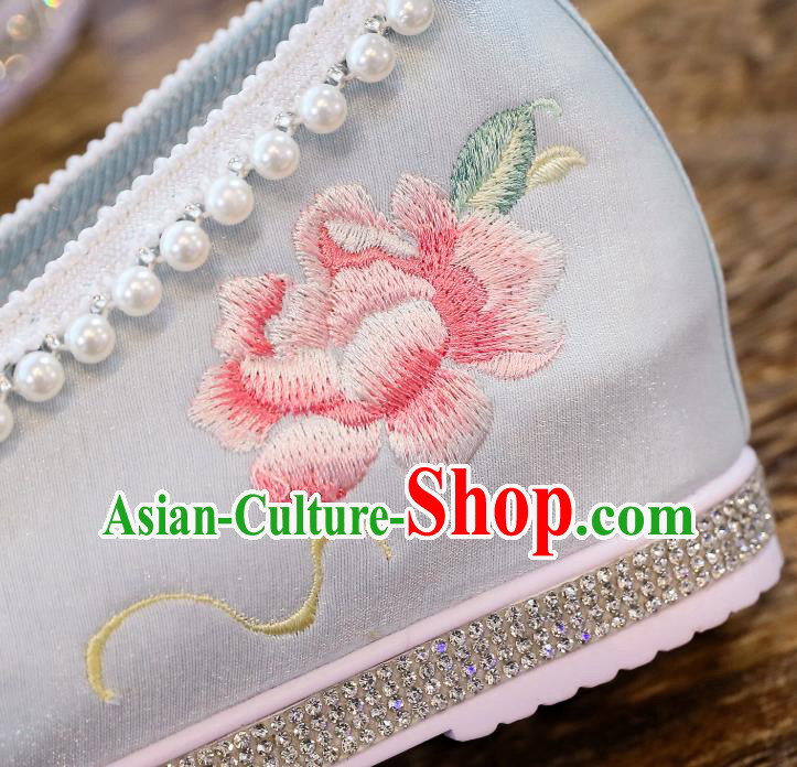 China National Embroidered Peony Shoes Traditional Hanfu Pearls Shoes Handmade Blue Satin Shoes China National Embroidered Peony Shoes Traditional Hanfu Pearls Shoes Handmade Blue Satin Shoes