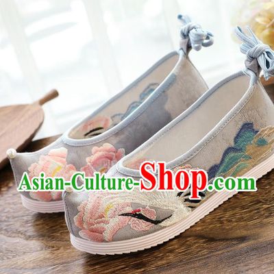 China Traditional Ming Dynasty Hanfu Shoes Handmade Princess Shoes National Embroidered Crane Grey Shoes