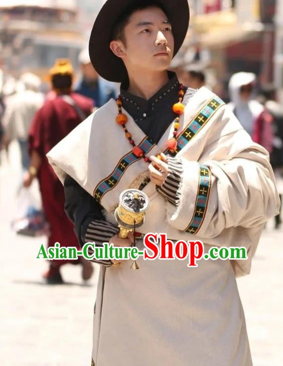 Chinese Xizang Ethnic Minority Beige Tibetan Robe Traditional Zang Nationality Folk Dance Costumes Chinese Xizang Ethnic Minority Beige Tibetan Robe Traditional Zang Nationality Folk Dance Costumes