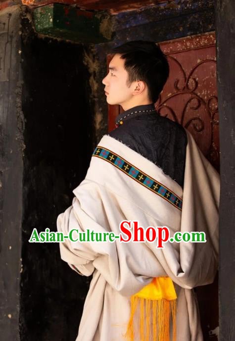 Chinese Xizang Ethnic Minority Beige Tibetan Robe Traditional Zang Nationality Folk Dance Costumes Chinese Xizang Ethnic Minority Beige Tibetan Robe Traditional Zang Nationality Folk Dance Costumes