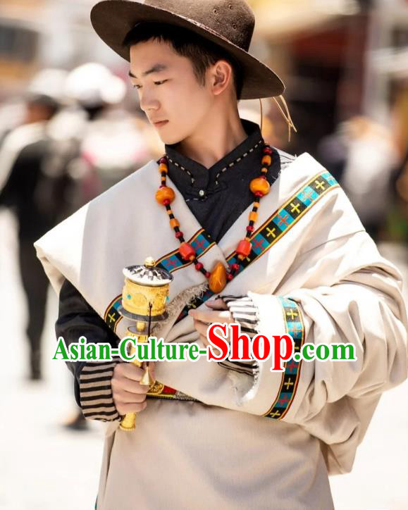 Chinese Xizang Ethnic Minority Beige Tibetan Robe Traditional Zang Nationality Folk Dance Costumes Chinese Xizang Ethnic Minority Beige Tibetan Robe Traditional Zang Nationality Folk Dance Costumes