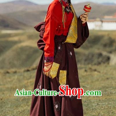 China Traditional Xizang Minority Young Lady Wine Red Tibetan Robe Zang Nationality Folk Dance Clothing