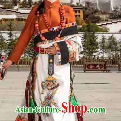 China Traditional Xizang Tibetan Minority Stage Performance Costume Zang Nationality Dance White Robe Clothing