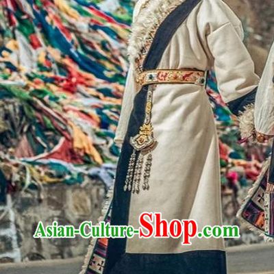 China Zang Nationality Dance White Robe Clothing Traditional Xizang Tibetan Minority Stage Performance Costume